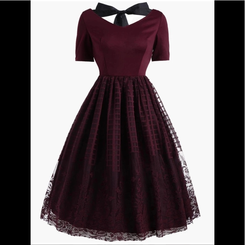 1950s Style Red Wine Lace Swing Dress